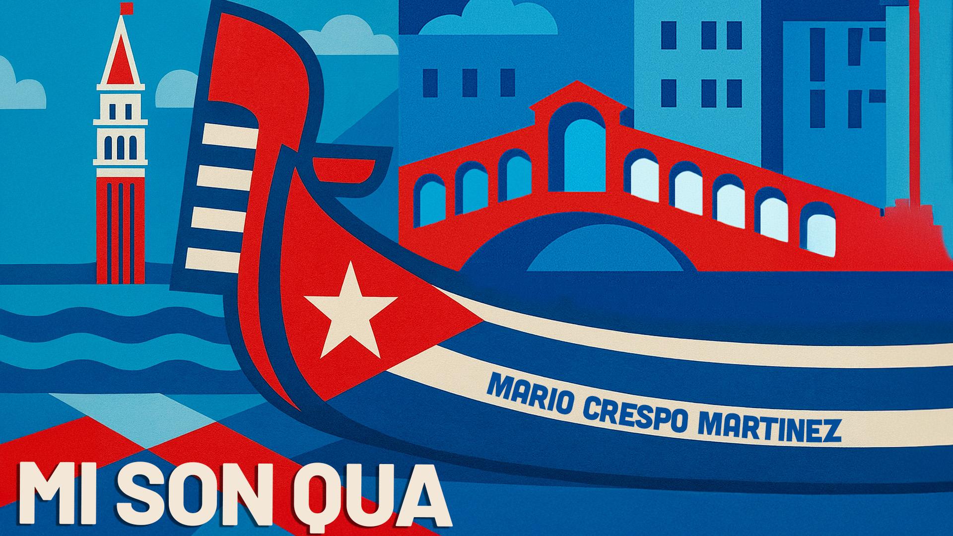 Illustrazione colorata di Venezia con gondola e bandiera cubana, evoca avventura e cultura.