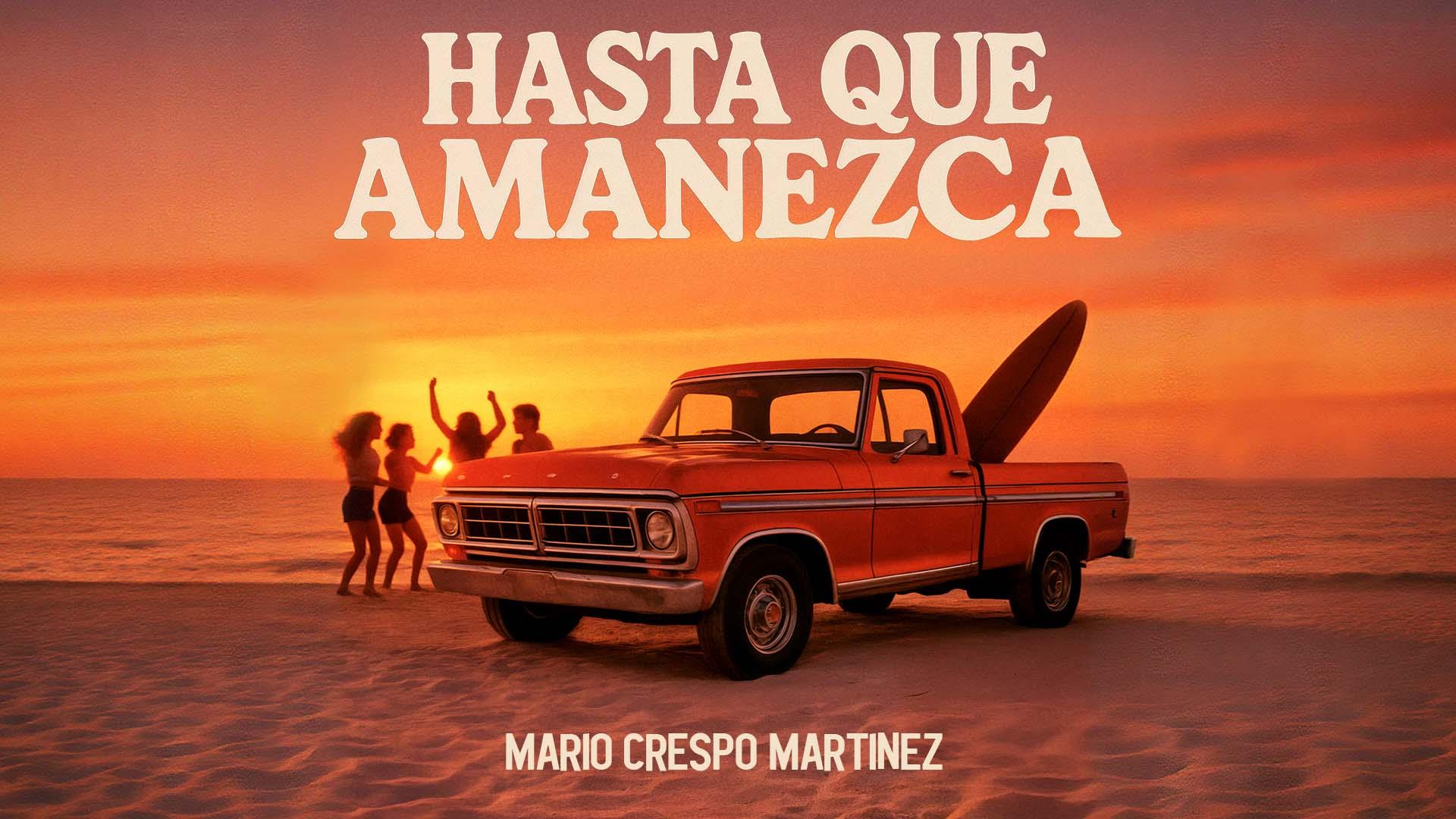 Tramonto vibrante, festa in spiaggia, camion vintage e surf, atmosfera di libertà e gioia.